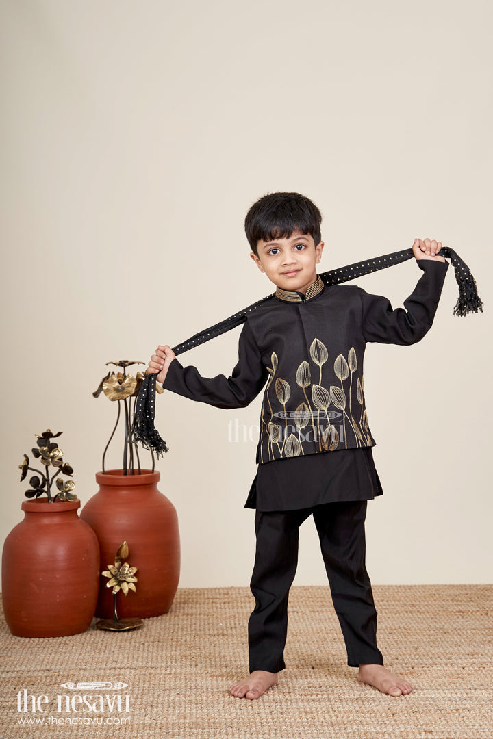 Boys black jacket set with gold leaf embroidery for Diwali and weddings