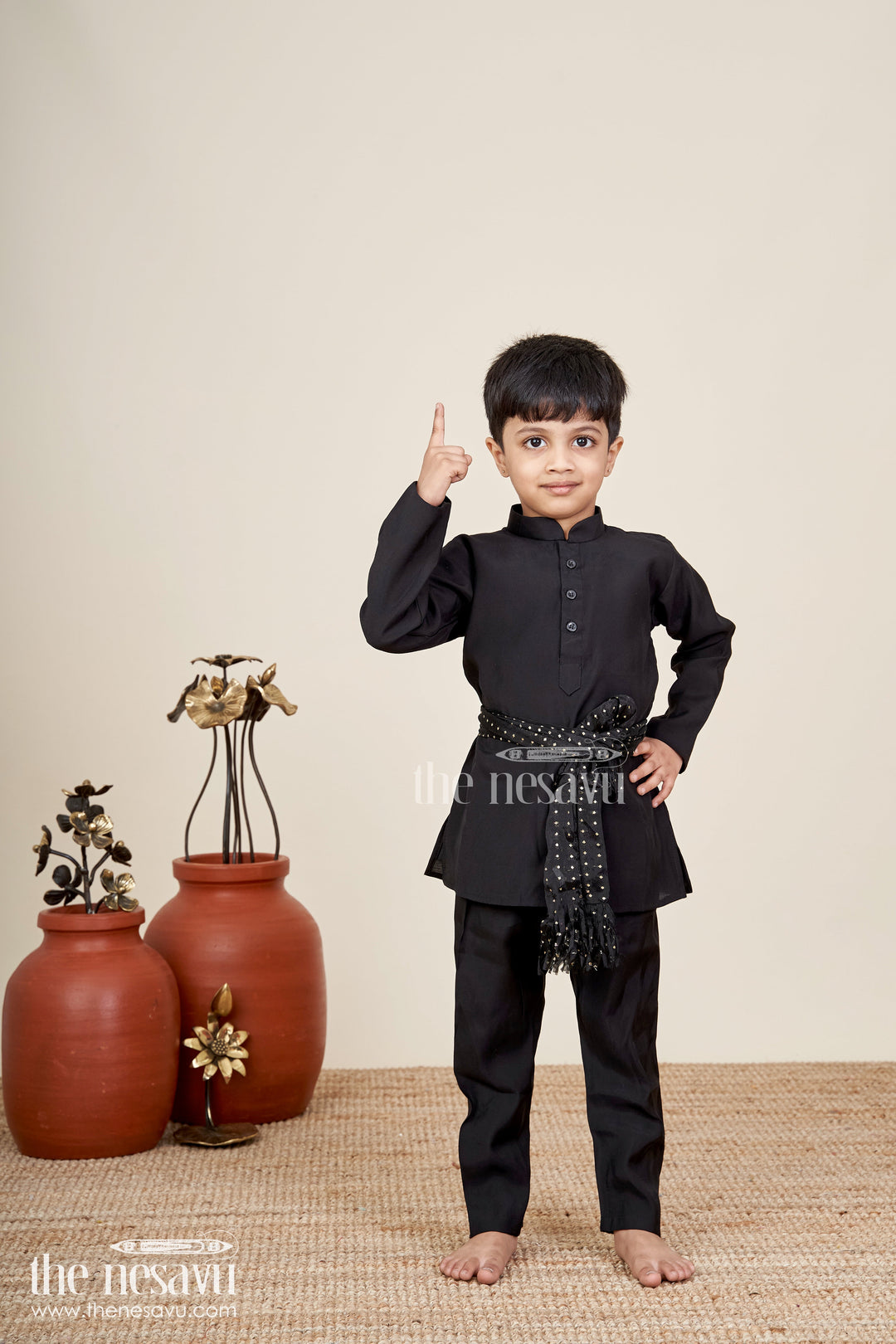 Boys black jacket set with gold leaf embroidery for Diwali and weddings