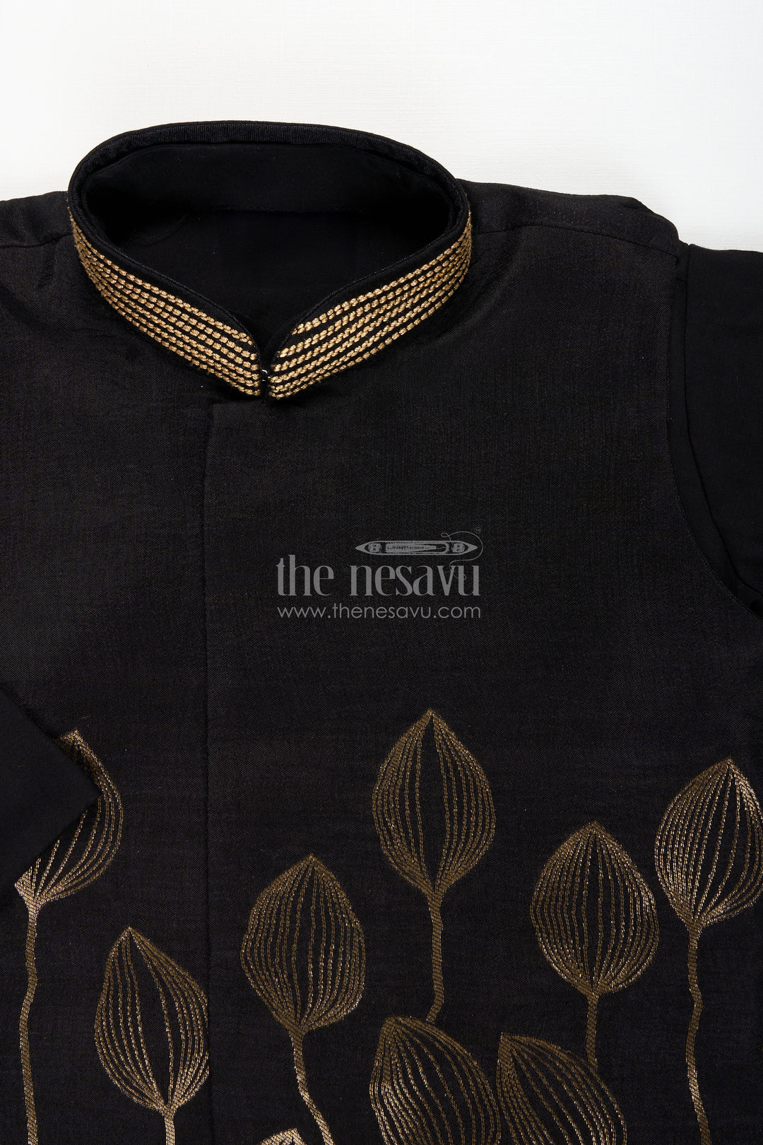 Boys black jacket set with gold leaf embroidery for Diwali and weddings