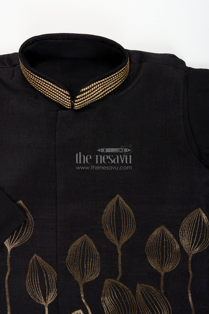 Boys black jacket set with gold leaf embroidery for Diwali and weddings