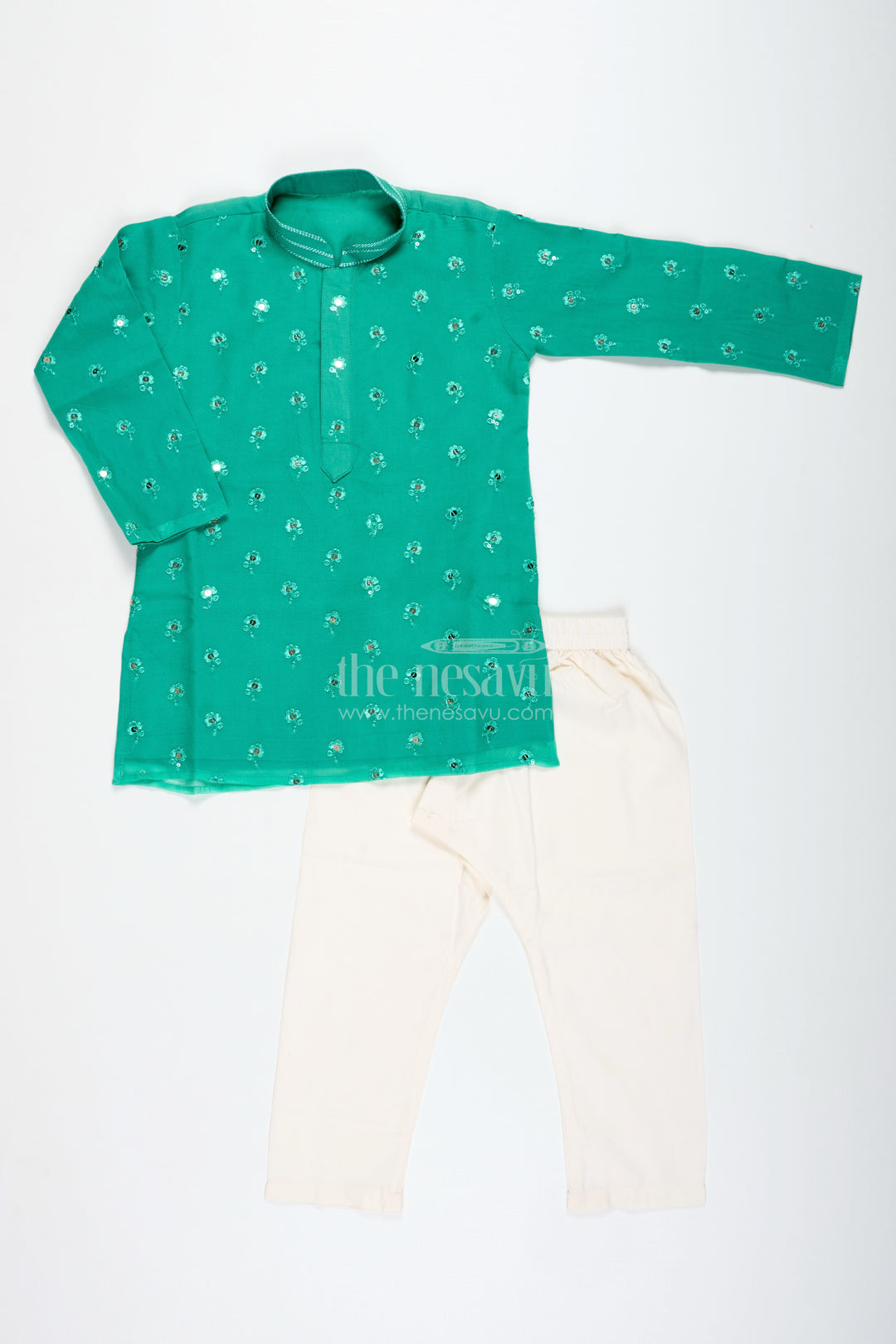 Green Chanderi Dhoti Set For Toddler Boys With Mirror Embroidery
