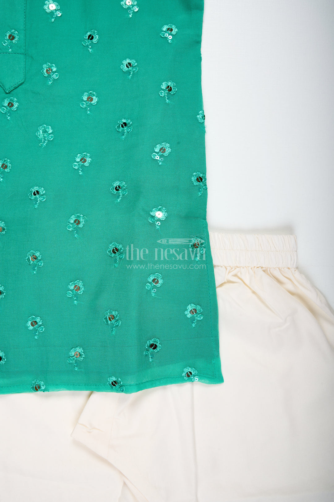 Green Chanderi Dhoti Set For Toddler Boys With Mirror Embroidery