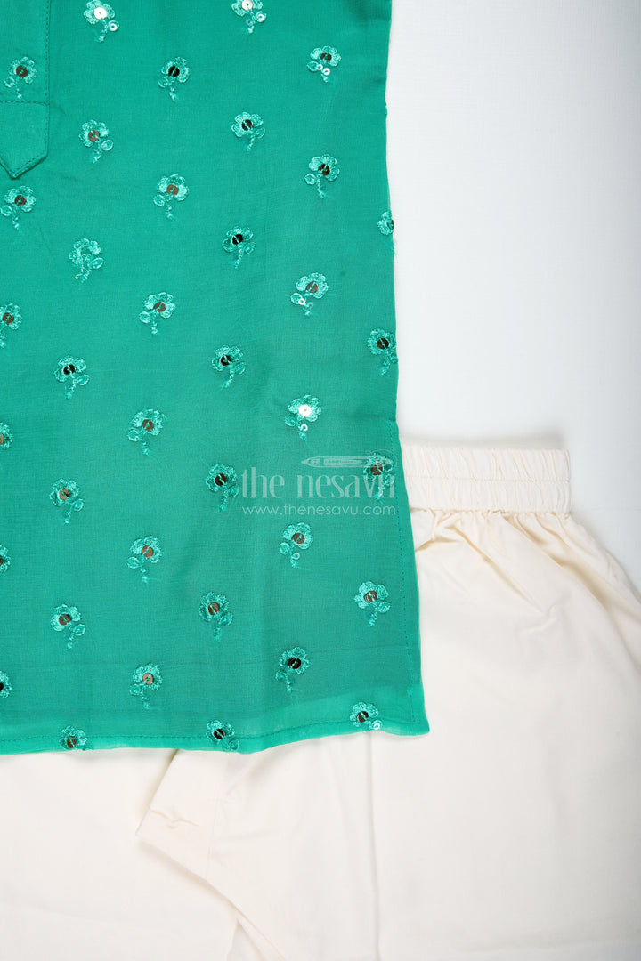 Green Chanderi Dhoti Set For Toddler Boys With Mirror Embroidery
