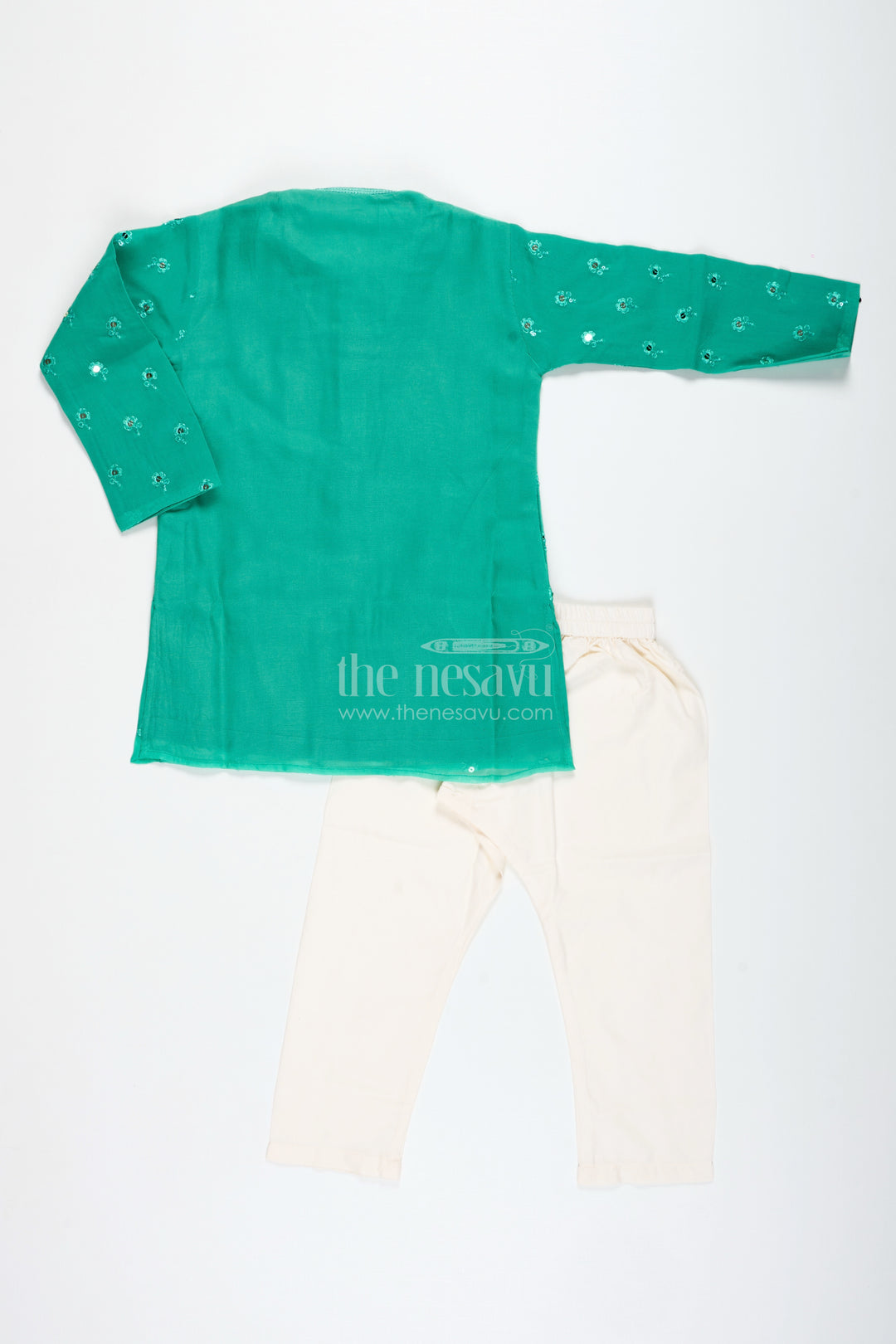 Green Chanderi Dhoti Set For Toddler Boys With Mirror Embroidery