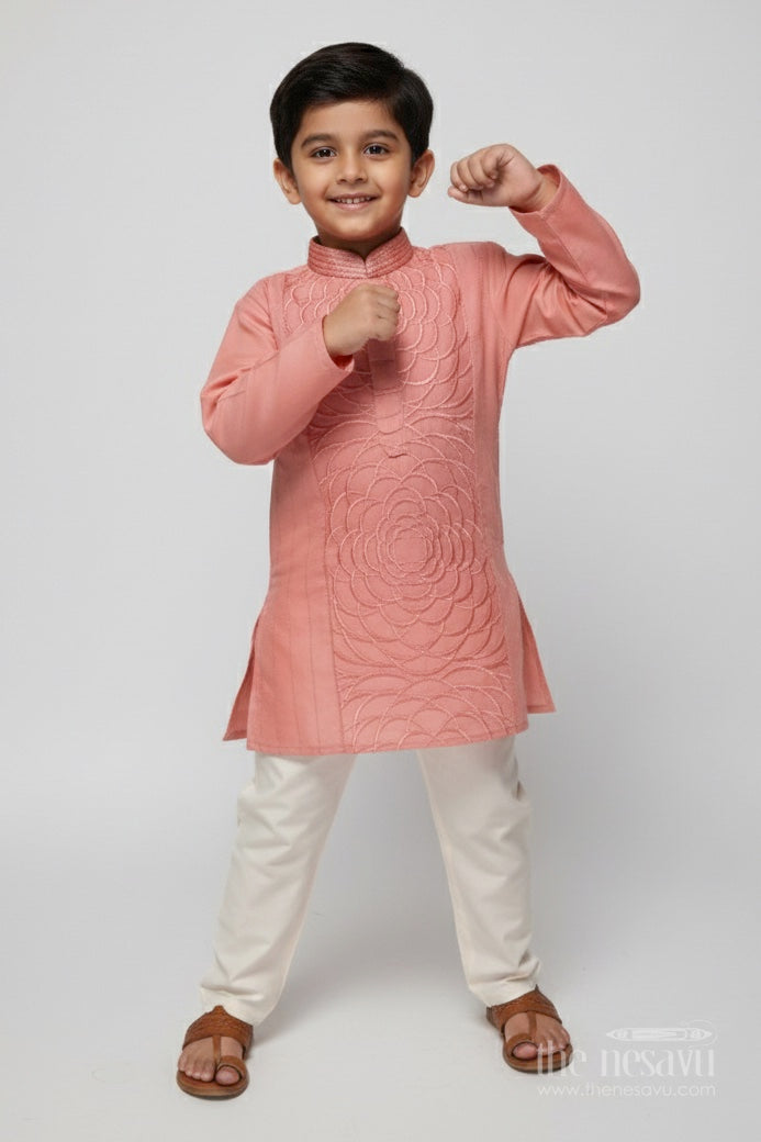 Embroidered Boys Kurta Set In Silk Cotton for Celebrations and Functions