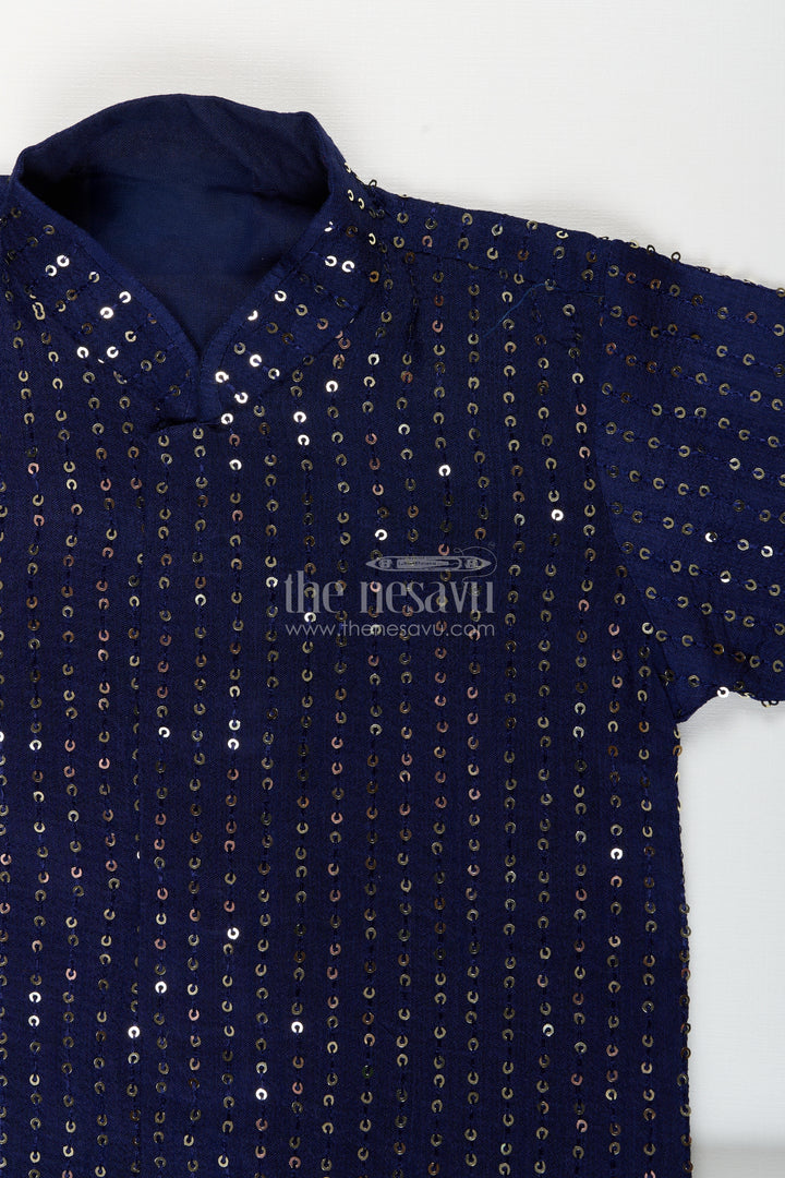 Boys navy blue sequin kurta set for weddings and festive occasions