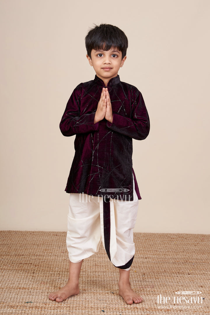 Boys Maroon Velvet Dhoti Set For Weddings And Cultural Functions