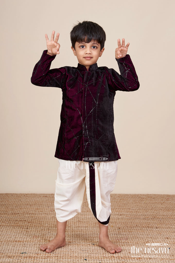 Boys Maroon Velvet Dhoti Set For Weddings And Cultural Functions
