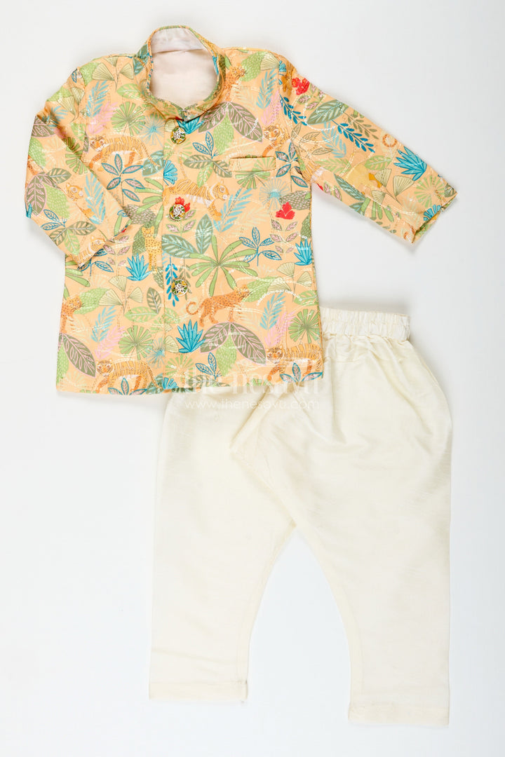 Boys printed silk kurta and dhoti set for festive family occasions
