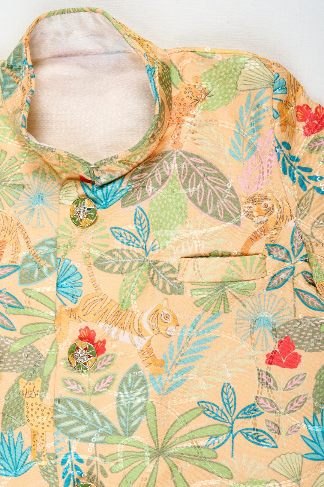 Boys printed silk kurta and dhoti set for festive family occasions