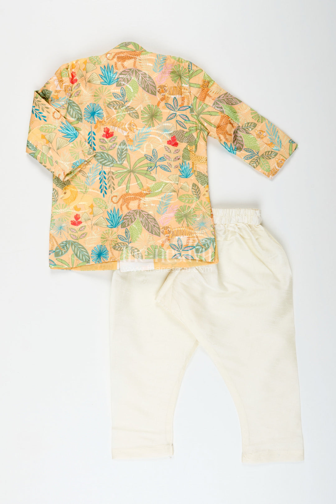 Boys printed silk kurta and dhoti set for festive family occasions