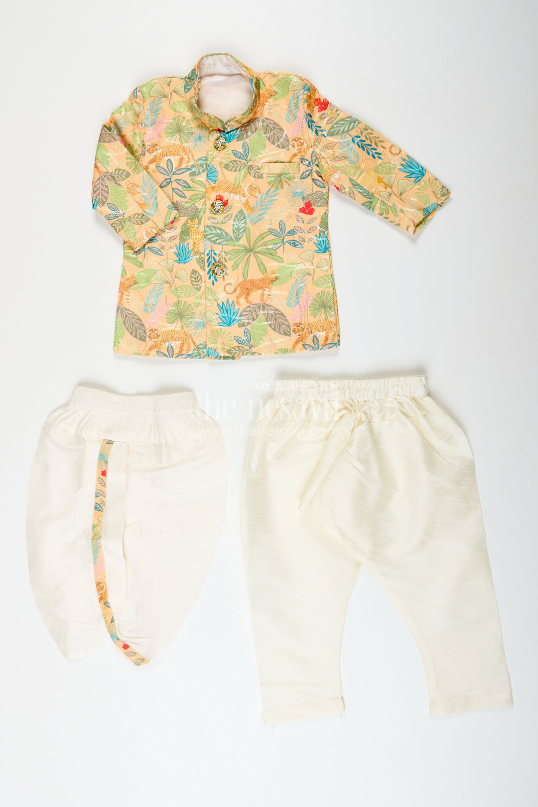 Boys printed silk kurta and dhoti set for festive family occasions