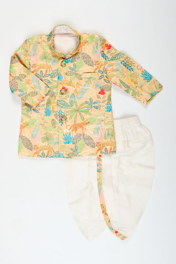Boys printed silk kurta and dhoti set for festive family occasions