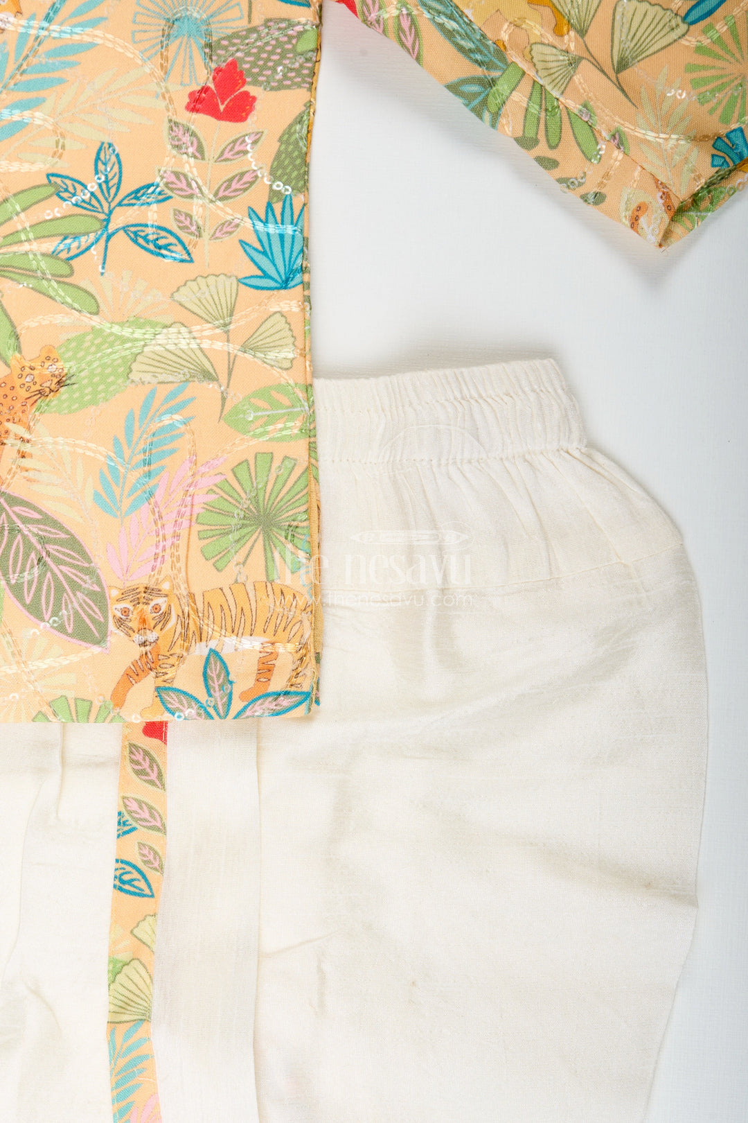 Boys printed silk kurta and dhoti set for festive family occasions