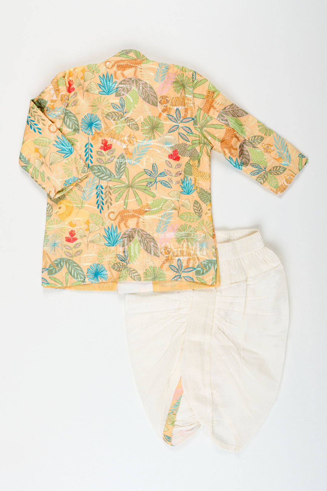 Boys printed silk kurta and dhoti set for festive family occasions