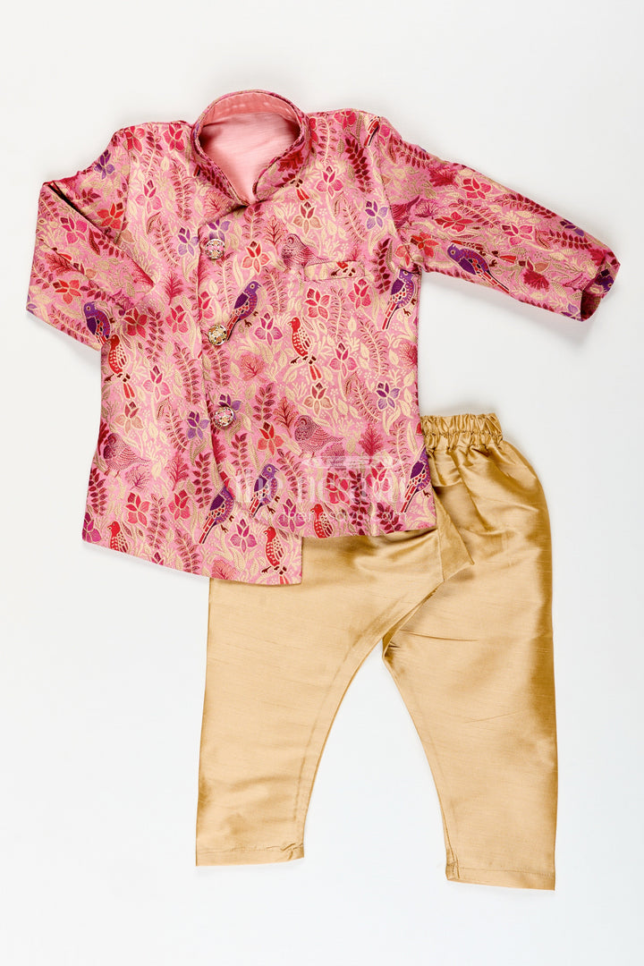 Boys kurta pajama set with bird print for cultural and temple wear