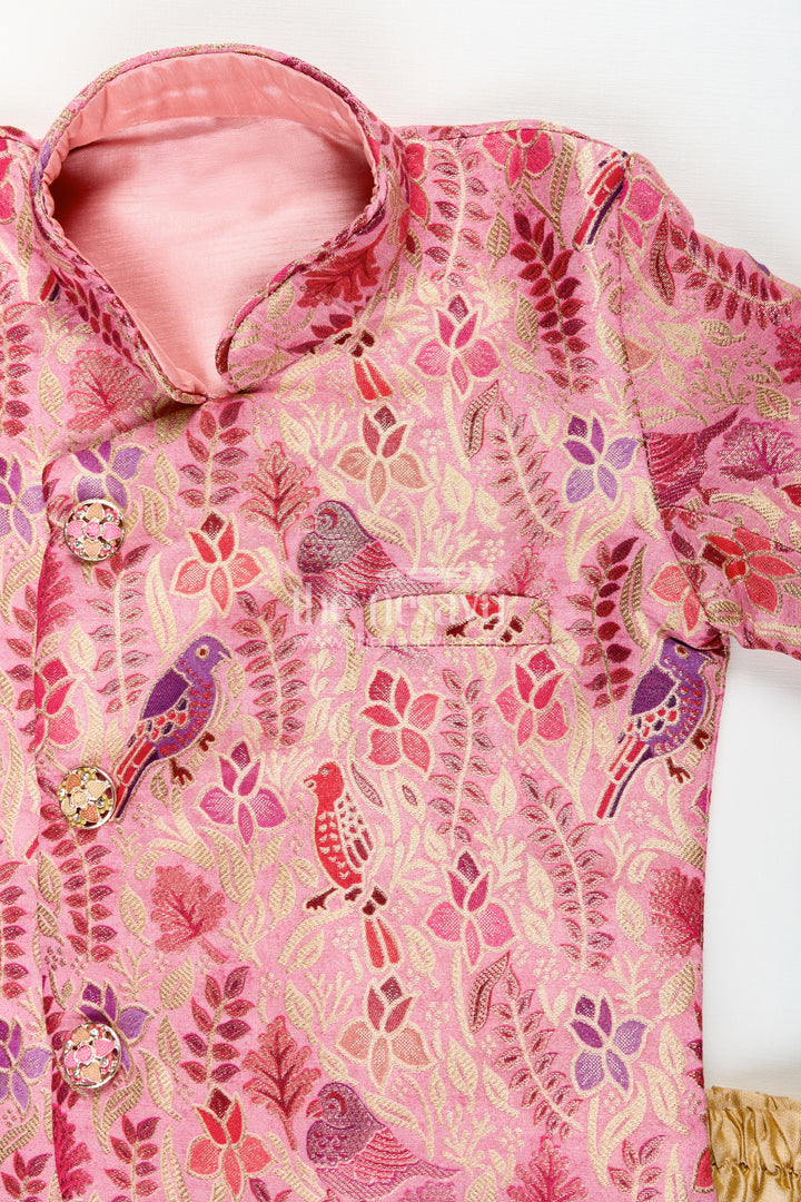 Boys kurta pajama set with bird print for cultural and temple wear