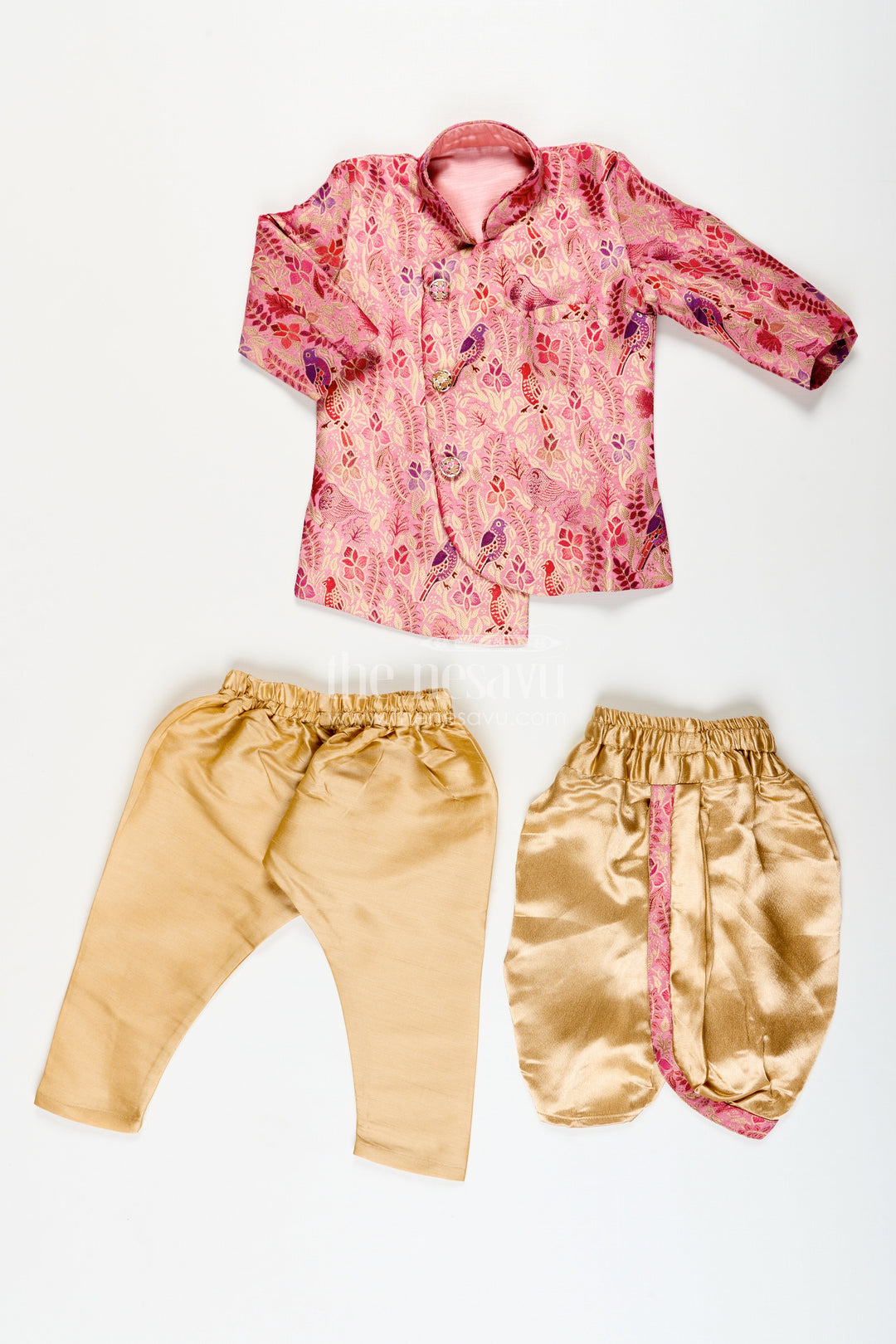 Boys kurta pajama set with bird print for cultural and temple wear