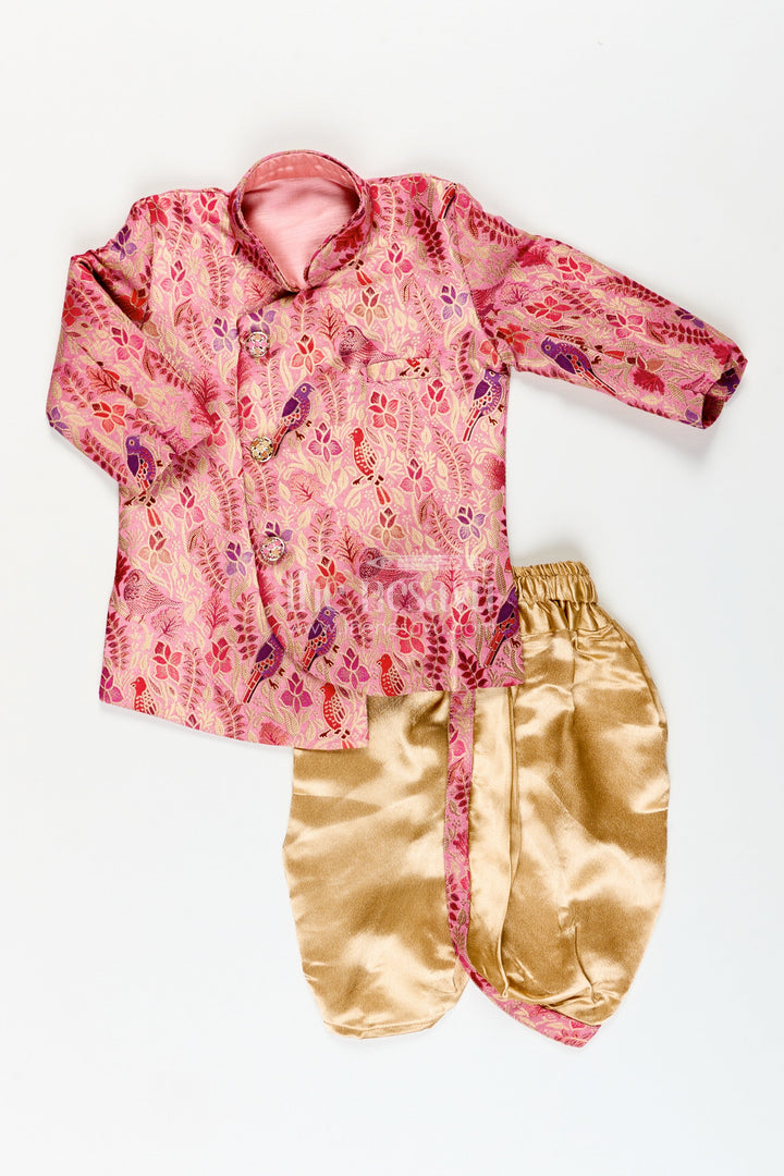 Boys kurta pajama set with bird print for cultural and temple wear