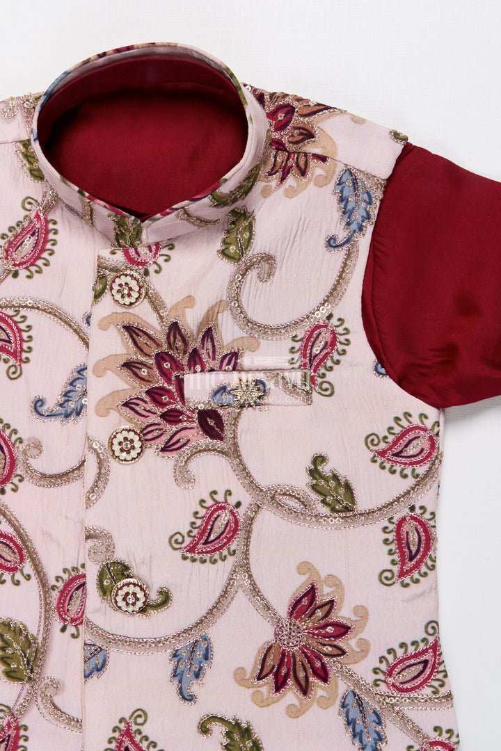 Boys Ethnic Jacket Set with Printed Silk Layer for Festive Celebrations