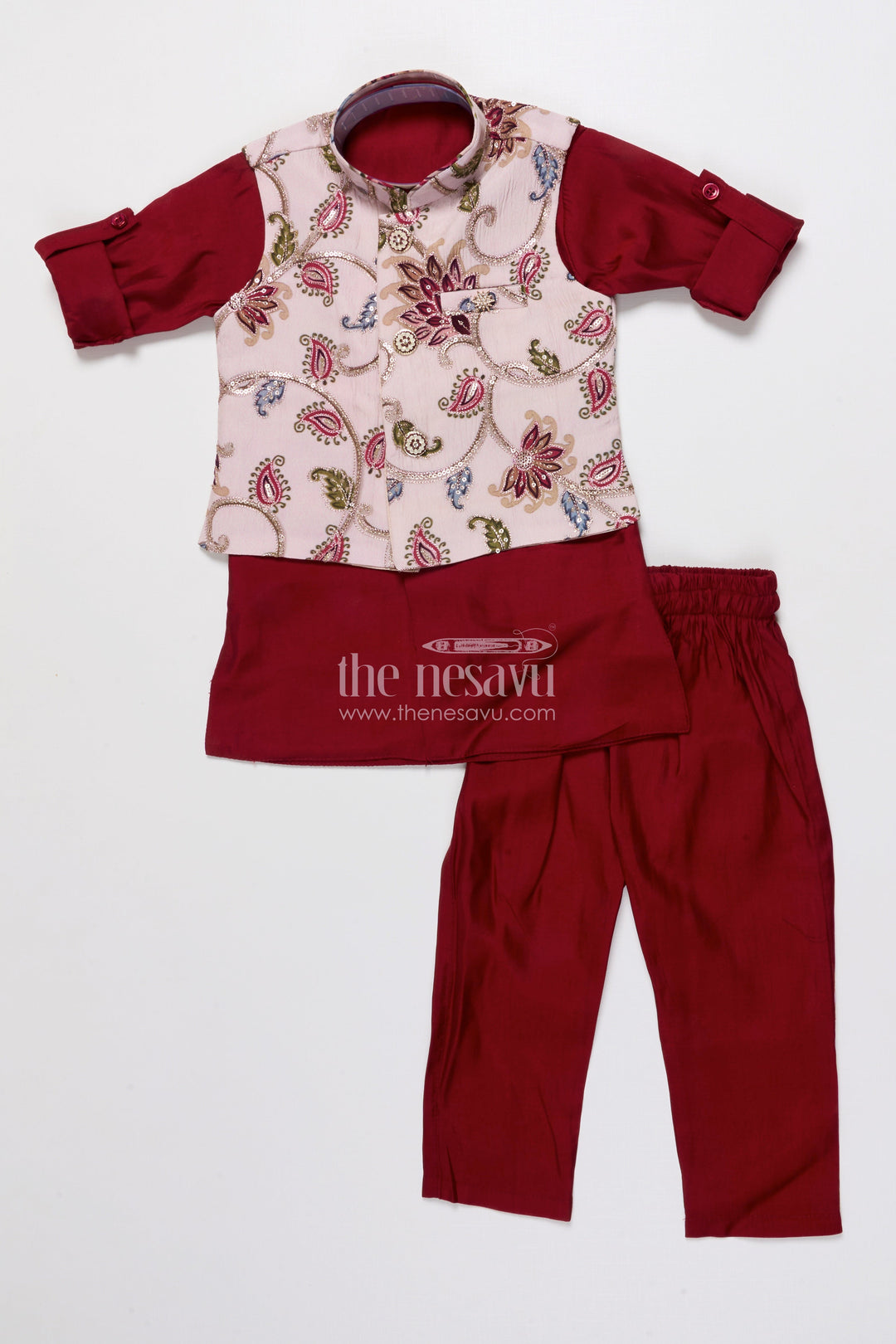 Boys Ethnic Jacket Set with Printed Silk Layer for Festive Celebrations