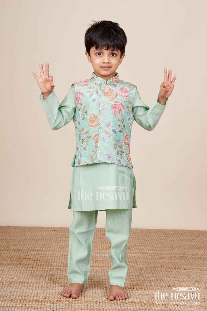 Boys kurta set with embroidered jacket for weddings and special occasions