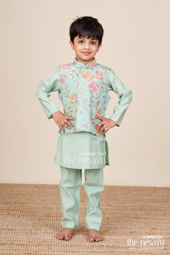 Boys kurta set with embroidered jacket for weddings and special occasions