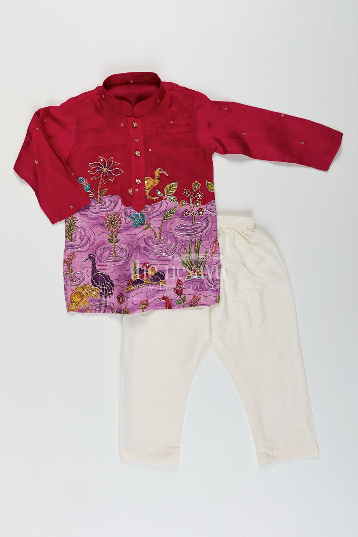 Embroidered boys kurta set with animal and lotus motifs for cultural events