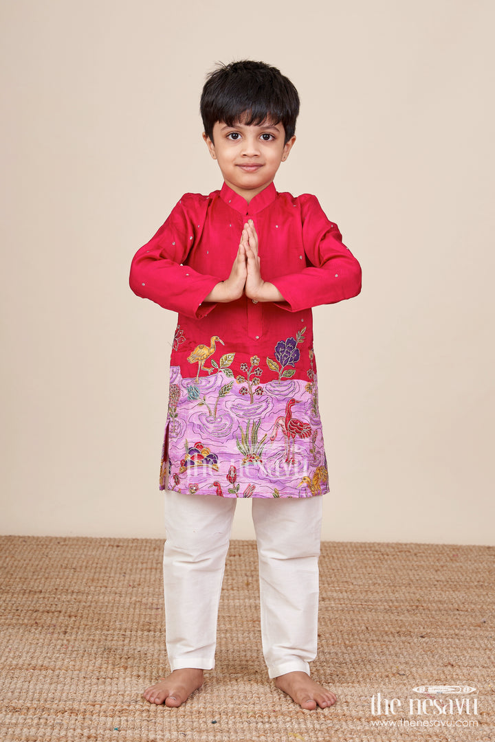 Embroidered boys kurta set with animal and lotus motifs for cultural events