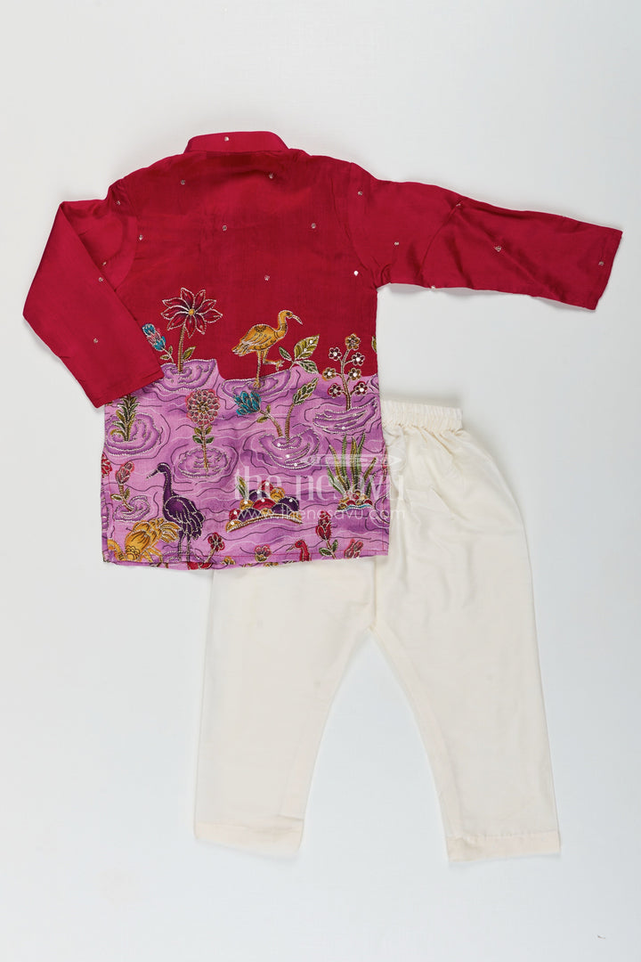 Embroidered boys kurta set with animal and lotus motifs for cultural events