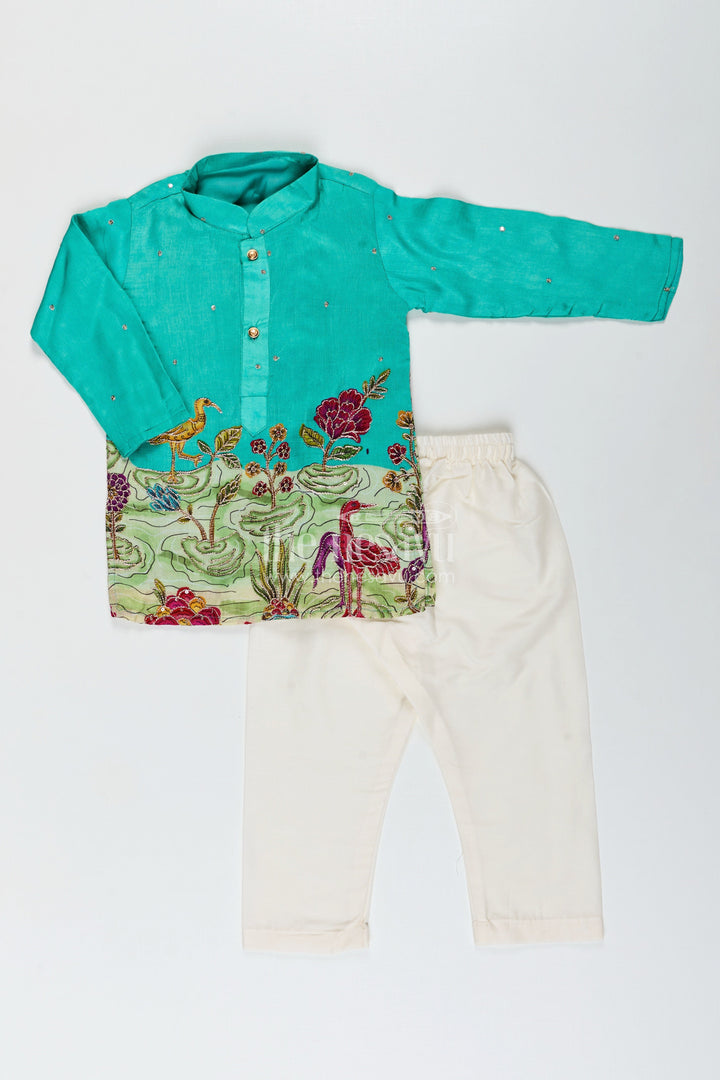 Nature-themed embroidered kurta pajama set for boys – ideal for poojas and festive dressing