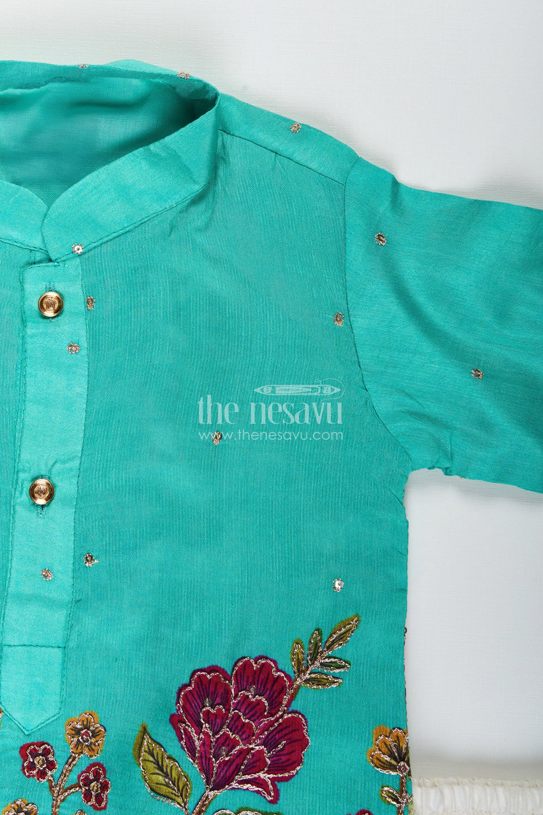 Nature-themed embroidered kurta pajama set for boys – ideal for poojas and festive dressing