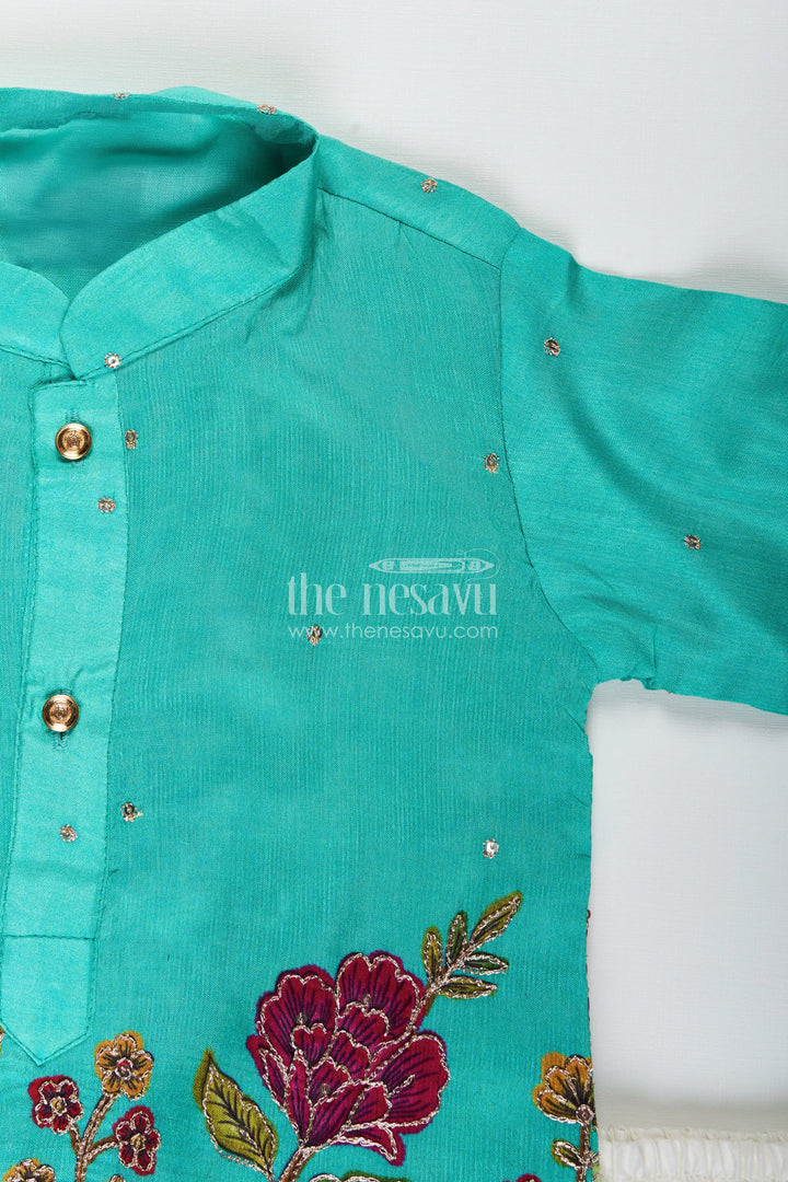 Nature-themed embroidered kurta pajama set for boys – ideal for poojas and festive dressing