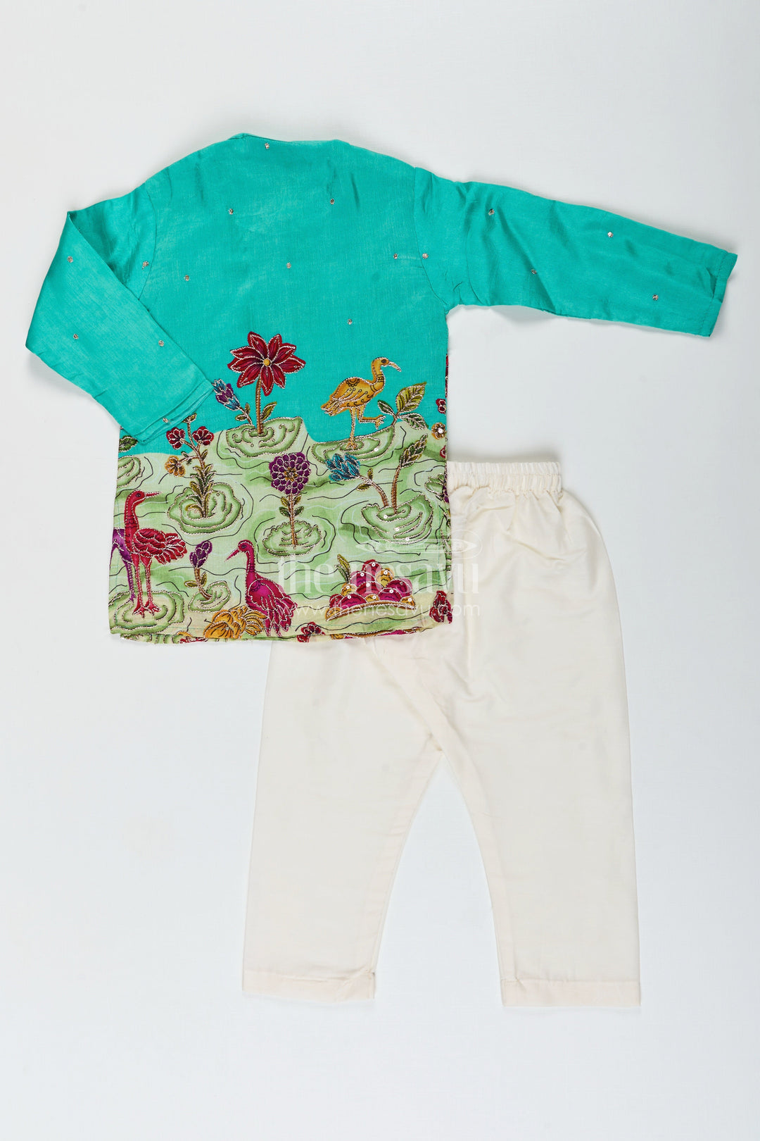 Nature-themed embroidered kurta pajama set for boys – ideal for poojas and festive dressing