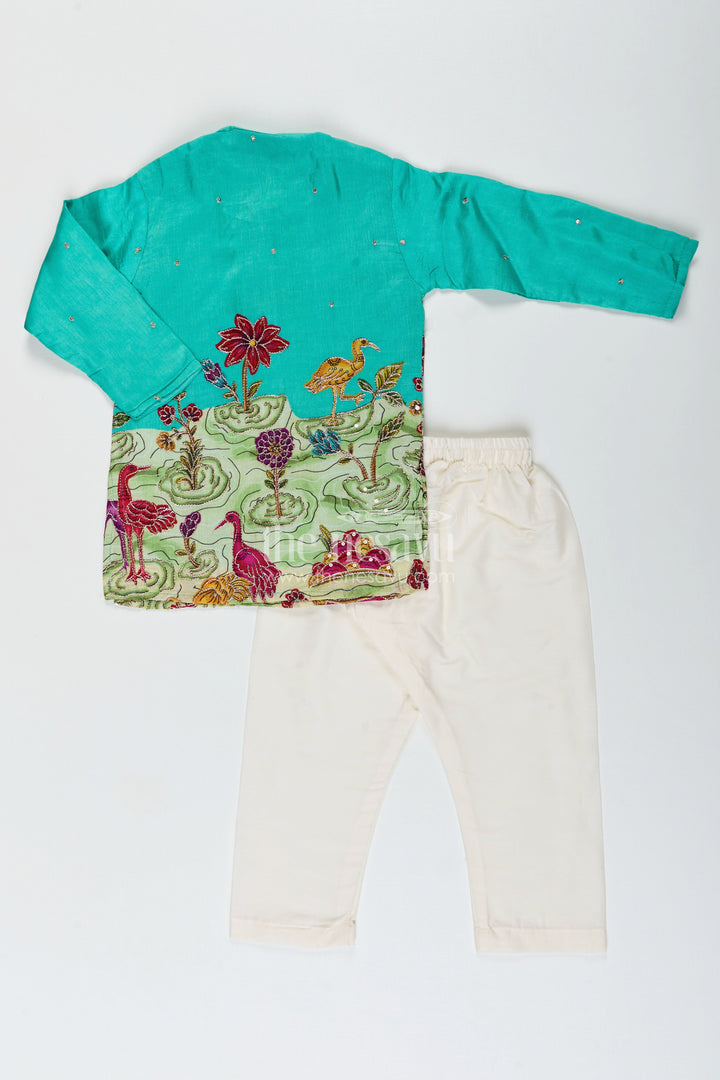 Nature-themed embroidered kurta pajama set for boys – ideal for poojas and festive dressing