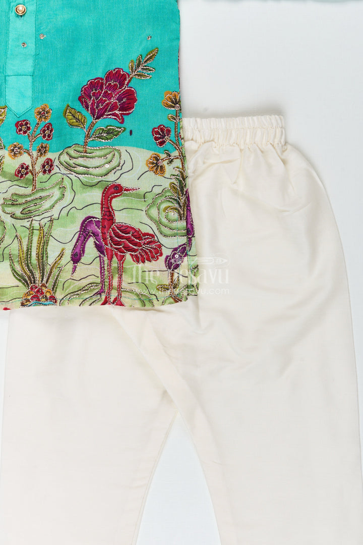 Nature-themed embroidered kurta pajama set for boys – ideal for poojas and festive dressing