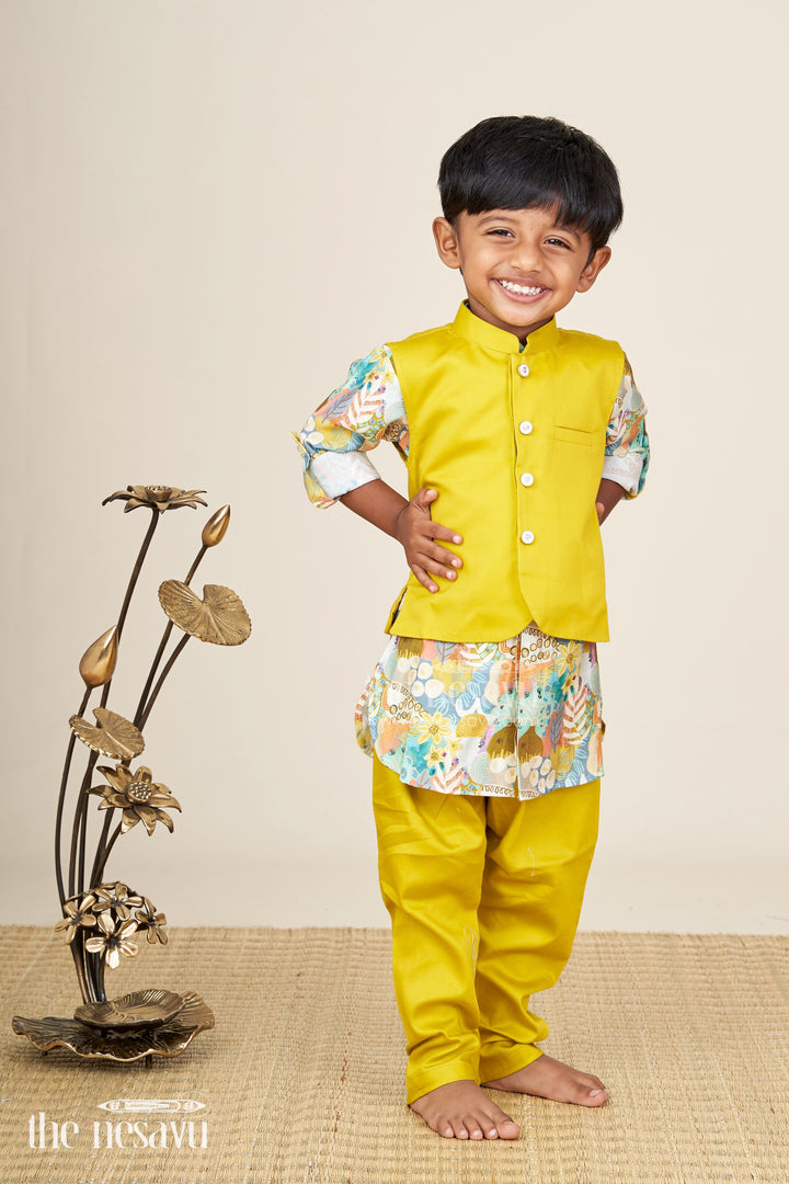 Boys ethnic jacket set with digital floral print for festive occasions