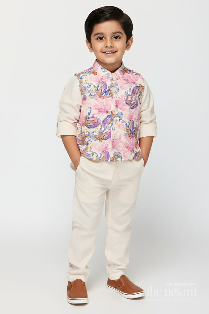 Boys Cream Kurta with Floral Digital Print Jacket and Pants Set