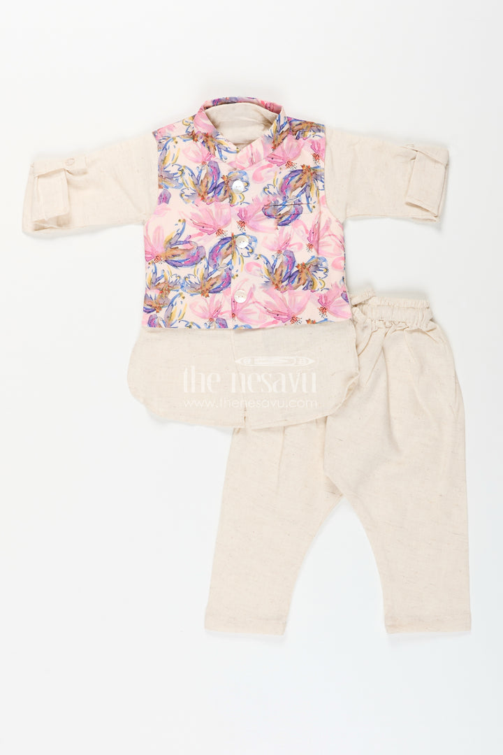 Boys cream kurta with floral digital print jacket and pants set