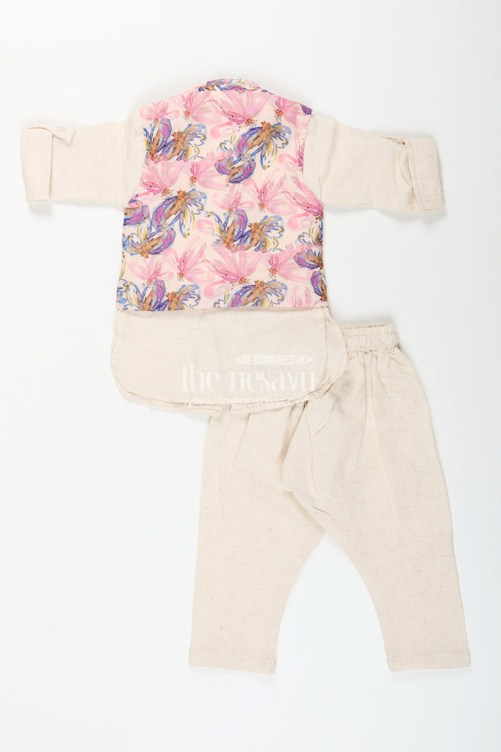 Boys cream kurta with floral digital print jacket and pants set