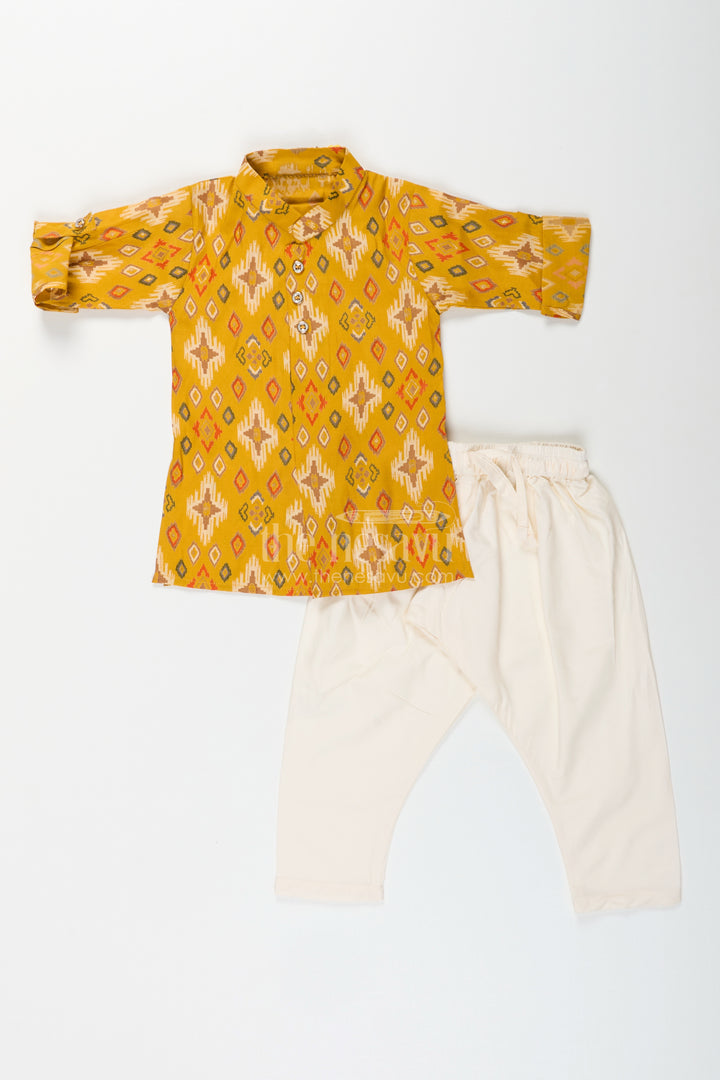 Boys mustard ikat print kurta and ivory pants set