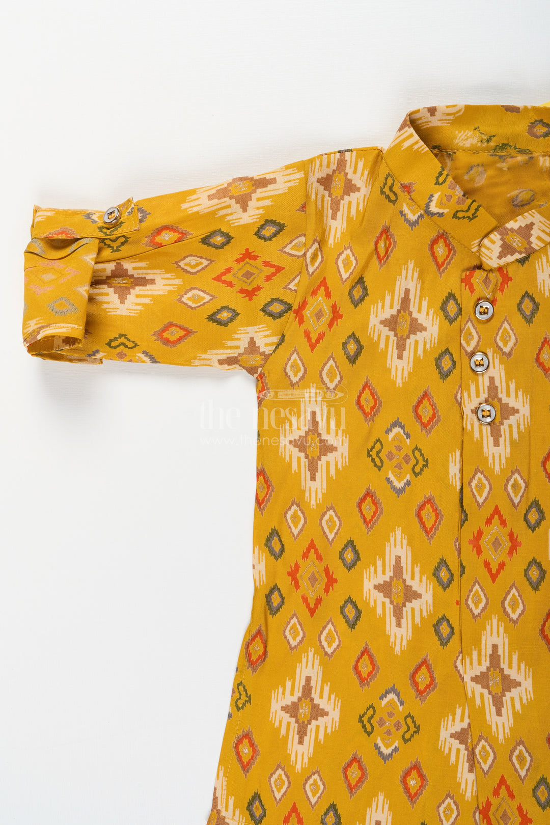 Boys mustard ikat print kurta and ivory pants set