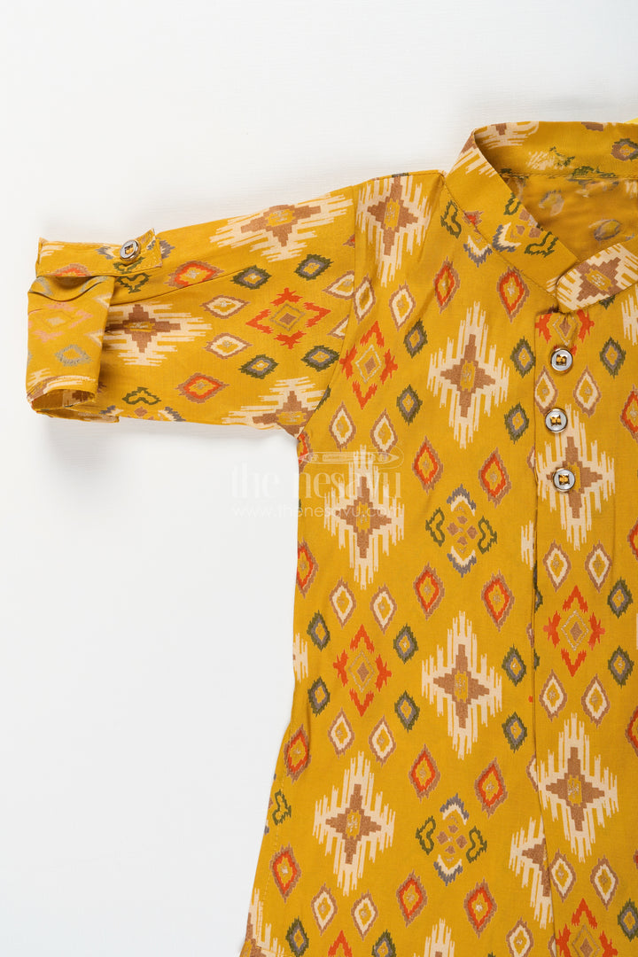 Boys mustard ikat print kurta and ivory pants set