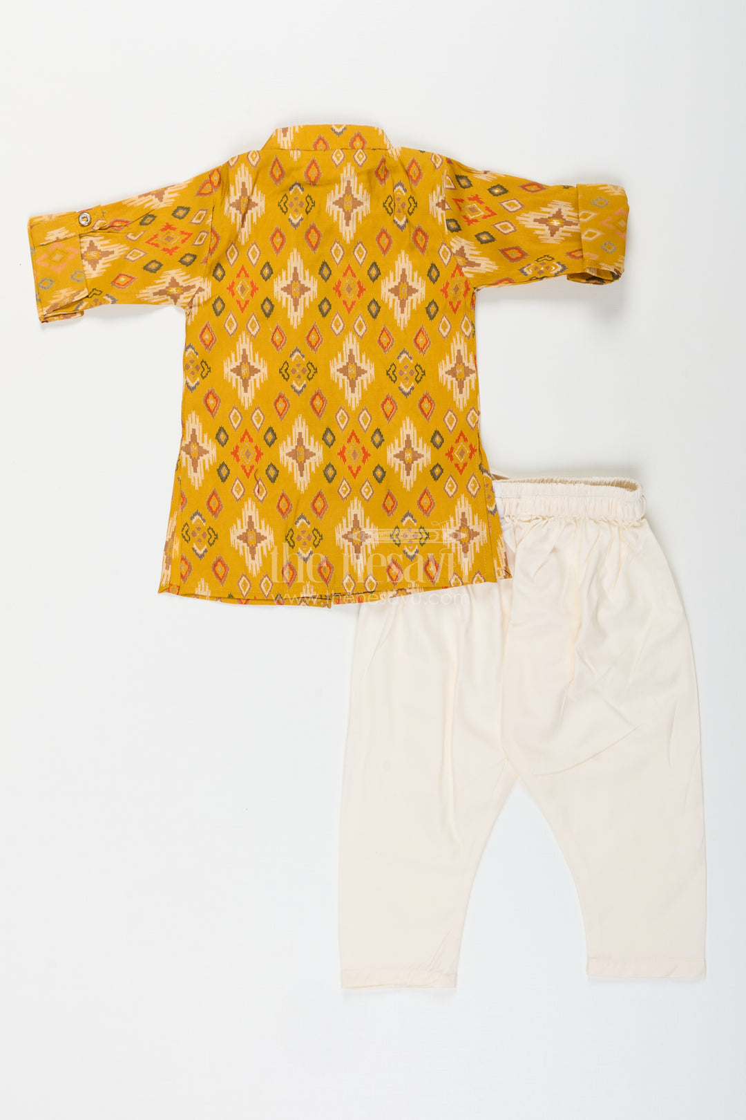 Boys mustard ikat print kurta and ivory pants set