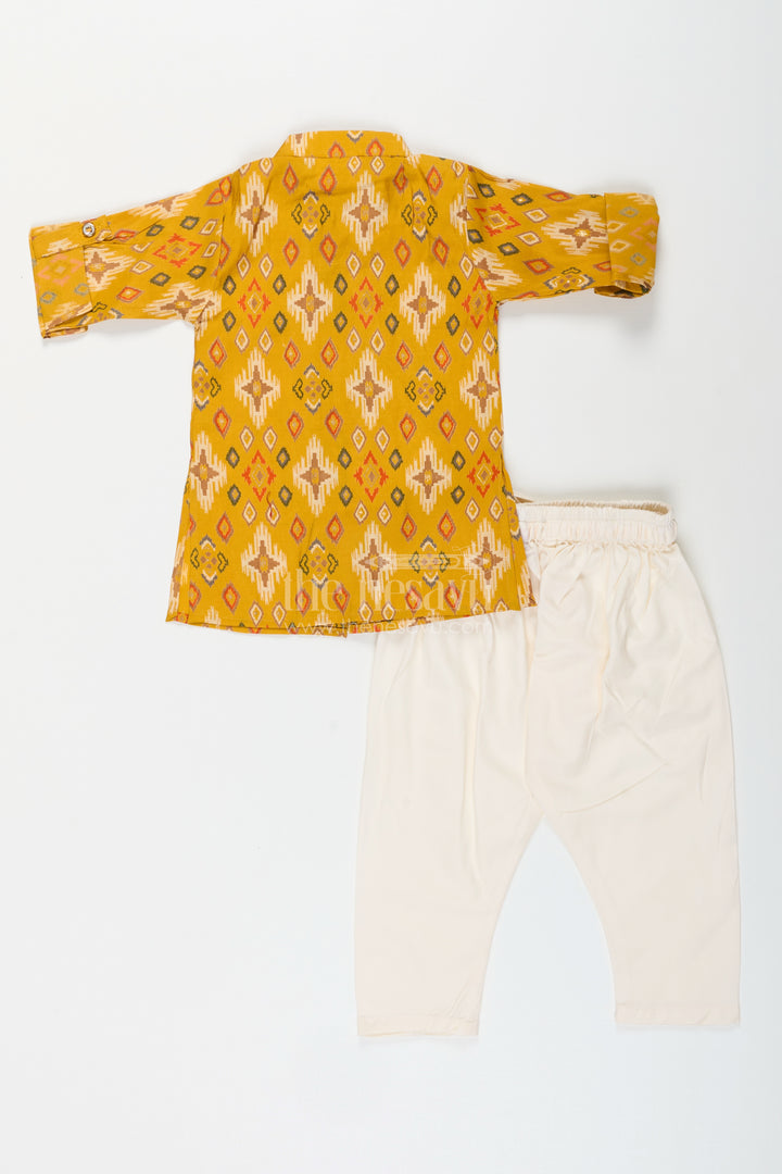 Boys mustard ikat print kurta and ivory pants set