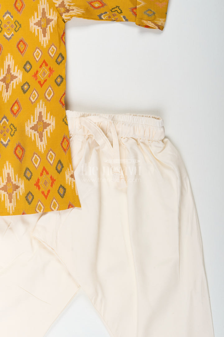 Boys mustard ikat print kurta and ivory pants set