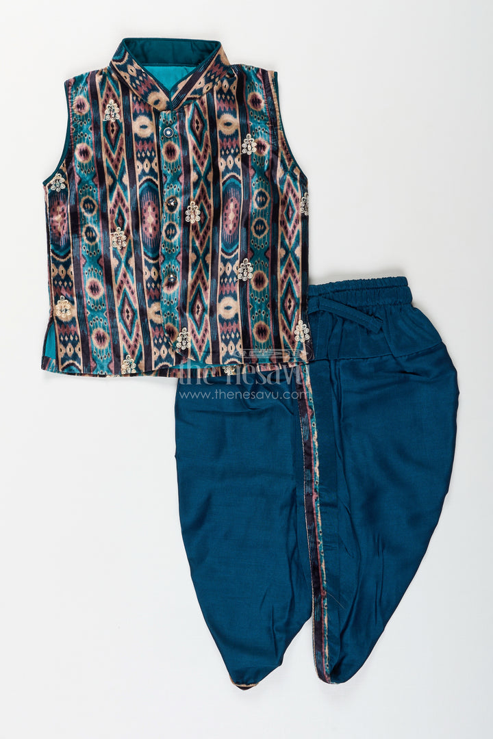 Boys teal ikat print sleeveless kurta and matching dhoti set