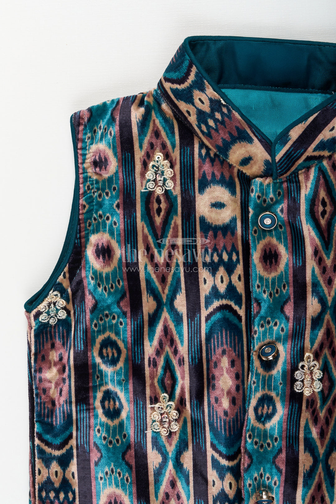 Boys teal ikat print sleeveless kurta and matching dhoti set
