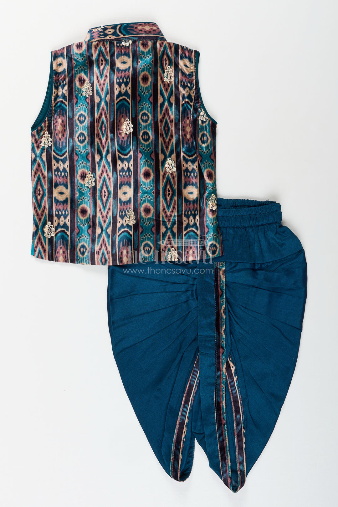 Boys teal ikat print sleeveless kurta and matching dhoti set