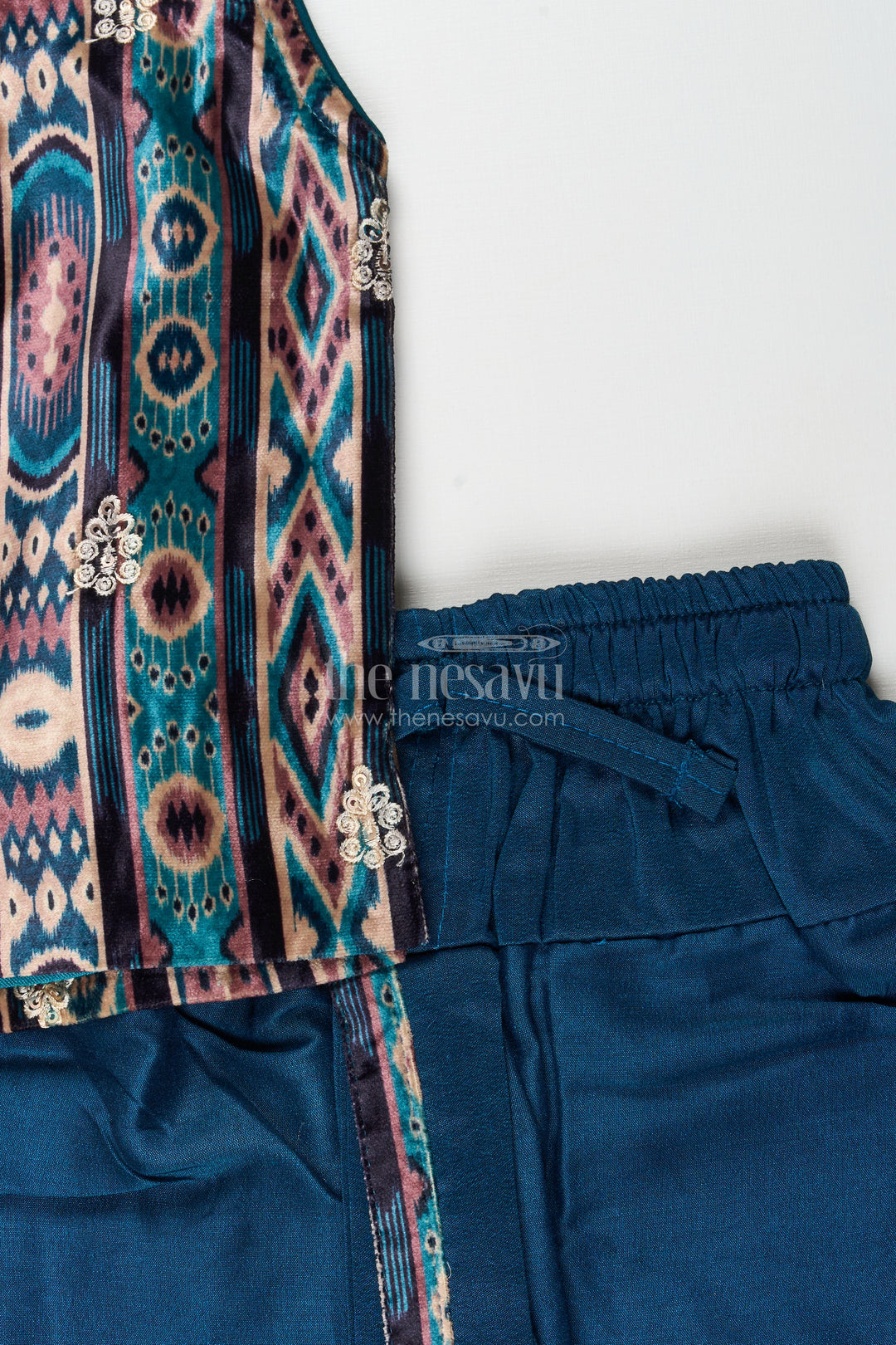 Boys teal ikat print sleeveless kurta and matching dhoti set